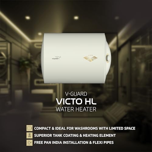 Image of V-Guard Victo HL Horizontal Geyser 15 Litre Water Heater | Advanced Multi-layered Safety | Suitable for Hard Water & High-rise Building | Free PAN India Installation & Connection Pipes | White