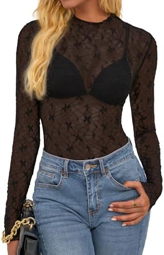 BTFBM Lace Tops for Women 2025 See Through Mesh Top Crew Neck Long Sleeve Fitted Sheer Party Club Outfits Fall Fashion