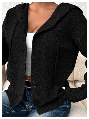 Image of RoseSeek Women's Hooded Cardigan Sweater Long Sleeve Button Front Ribbed Knit Jacket Cardigan Trendy
