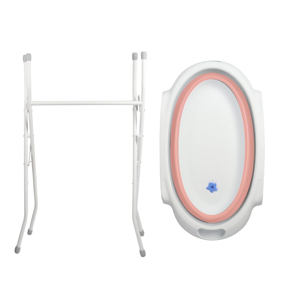 Babywanne mit Ständer Faltbare Baby Badewanne Set mit Gestell - Tragbare Rutschfeste Wanne für Neugeborene bis 3 Monate - Stützkissen inklusive-66 * 61 * 82cm – rosa