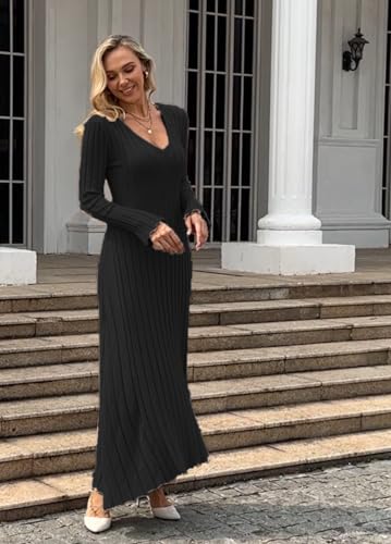 Image of Women's Long Sleeve Sweater Dress Ankle Length Fall Dress Vneck Knit Winter Dress