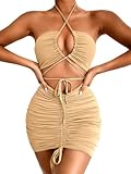 Kaei&Shi Cutout Mini Dress,Ruched Criss Cross Halter Dresses for Women,Low Back Bodycon Sexy Club Outfit Date Night Beige X-Small
