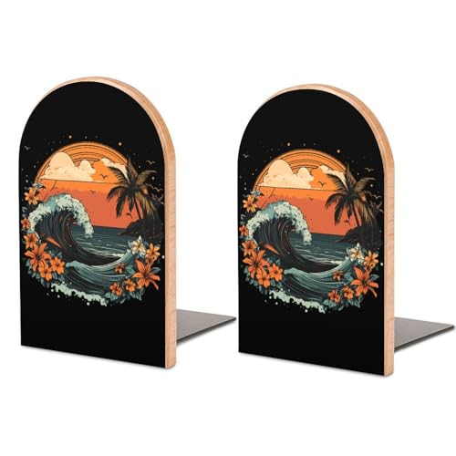 Image of Hawaii Wave Palm Trees Floral Sunset Wooden Book Ends for Shelves Heavy Books Holder Organizer for Office Home Decoration