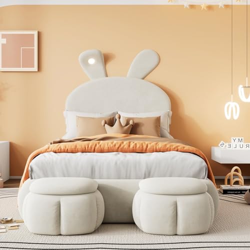 PUGSDRLY Lit Enfant 90x200 cm Lapin,Lit Une Place Rembourré avec LED Réglable,2 Bancs de Rangement,Tête Réglable,Sommier à Lattes,pour...