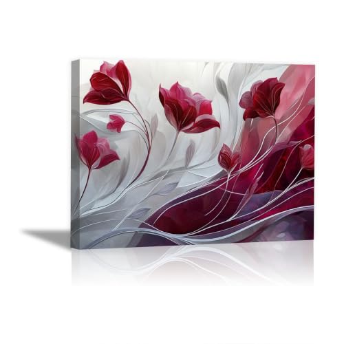 Tableau tulipe rouge vin encadre haute finition QUSAAOU au degradé gris fume unique