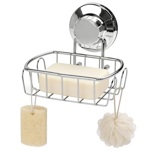 Xygobla Suction Soap Dish for Shower with Hooks Stainless Steel Wall Mounted Soap Rack No-Drilling Strong Rustproof Max Hold 5 KG Powerful Vacuum Suction Cup Basket for Bathroom Kitchen Bathtub