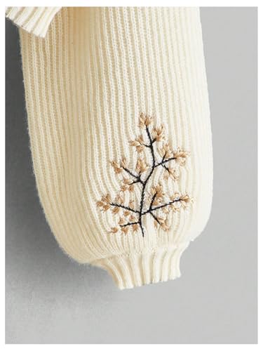 Women's Floral Embroidered Drop Shoulder Crop Sweaters Long Sleeve Turtleneck Knit Pullover4