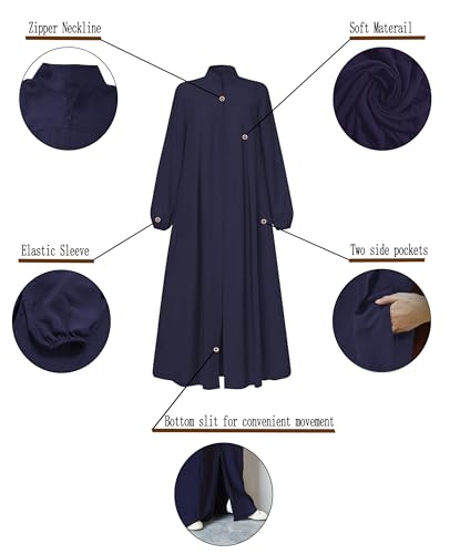 Image of Womens Abaya Muslim Long Sleeve Front Zipper Dress Prayer Islamic Clothes with Pockets