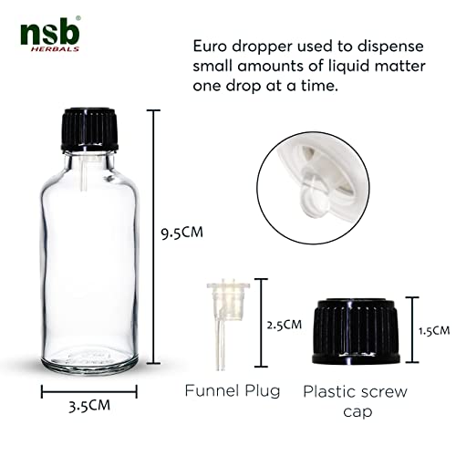 Image of nsb herbals 50 ML Clear /Transparent Round Empty Glass Bottle + Euro Dropper + Black Cap, Refillable, Leak Proof For Essential Oils, DIY Perfumes (Pack of 6)