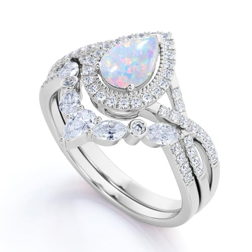 1.0 Carat Gemstone Wedding Ring Set - Pear Shaped Gem with Moissanite Bridal Sets Wedding Rings White Yellow Rose 10K 14K 18K Gold 925 Sterling Silver Pear Womens Wedding Ring Sets for Her4