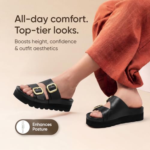Image of Frido Women's Arch Support Wedge Sandals, Orthopedic Cushioned Platform Heels with Anti-Slip Sole, Comfortable Slip-On Footwear for Office, Travel, Daily Wear & Long Standing | Available in 3 Style- Buckle Strap, Velcro Strap & Classic Styles