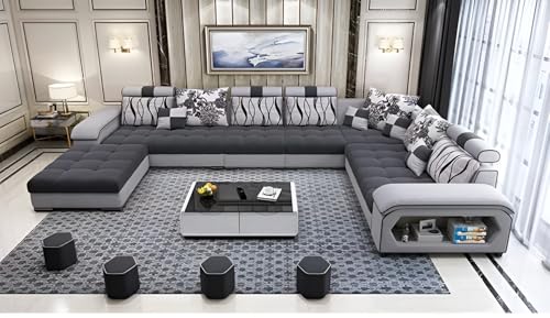 Image of Brown Maple U-Shape Sectional Sofa Set for Home | 10-Seater Fabric Sofa with Tea Table & 4 Puffy | Spacious Seating for 14 Persons | Pre-Assembled, Modern Comfort Design(Grey)