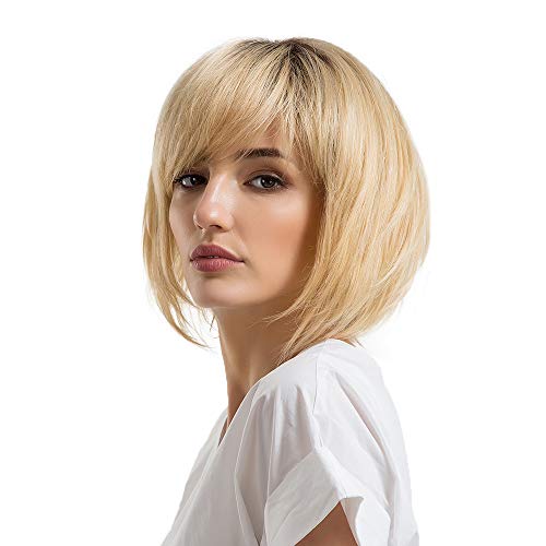 Emmor Short Blonde Human Hair Wigs for Women -Blend With Healthy Memory Fiber Ombre Wig Dark Root,Natural Daily Hair
