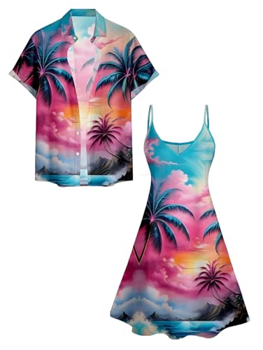 Image of DRESSFO Couple Matching Hawaiian Outfits Gothic Print V Neck Spaghetti Strap Dress or Roll Up Sleeve Shirts Outfit