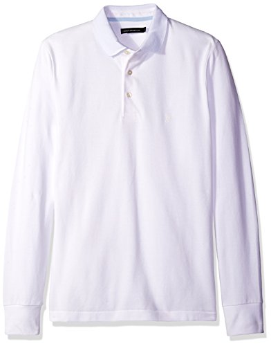 French Connection Men's Long Sleeve Solid Color Slim Fit Polo Shirt, White, L