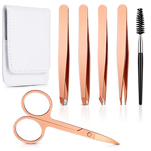 6 Pieces Eyebrow Tweezers Set for women with Curved Scissors Eyelash Brush Stainless Steel Brow Remover Tools Girls Facial Hair Plucking Daily Beauty Tool with Leather Storage Case (Cute Color)