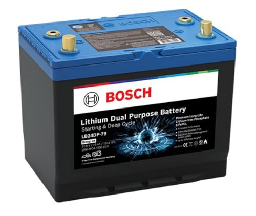 Image of BOSCH LB24DP79 Dual Purpose Battery 79 Ah - 12 V Group 24 Lithium Battery, LiFePO4 for Starting and Deep Cycle Marine /RV Apps - Sleep-wake Function, Charge indicator, BMS - 10.25″ x 6.8″ x 8.86″