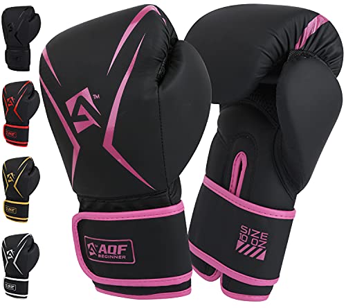 AQF Guantes Boxeo Niño, Cuero Saco De Boxeo Guantes De Boxeo, Guantillas MMA Kick Boxing, Muay Thai, UFC Guantillas Boxeo con Capa Extra Acolchado Hombre Mujer 4 6 8 10 12 14 16 Oz (6 oz, Rosa)