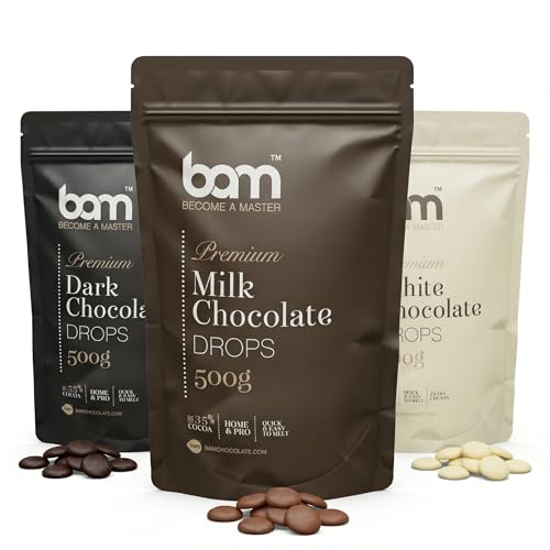 BAM Schokolade Drops Bundle Premium Kuvertüre Vollmilch Zartbitter 55% Kakao Weiß 3 x 500 g