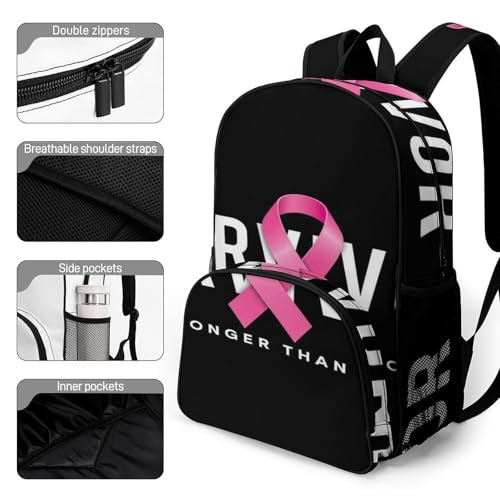 Large Capacity Breast Cancer Survivor Pink Ribbon Black Backpack for Travel Work College, Compartment Bag with Side Pockets, Daypack for Women Men3
