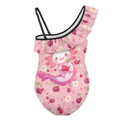 Image of WELLFLYHOM Axolotl Girls One Piece Swimsuits 3-14 Ruffle One Shoulder Bathing Suits Full Coverage Beachwear
