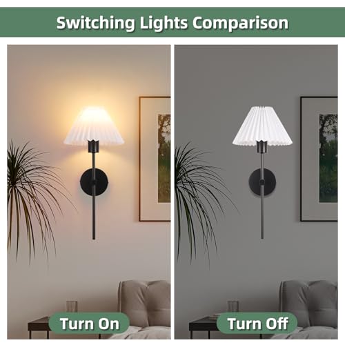 Image of Black Wall Sconces Sets of 2, White Pleated Fabric lampshade Matte Wall Lamp, Column Bracket Wall Lighting, Bathroom Dresser Hardwired lamp Fixture, Applicable to Living Room, Bedroom and Dining Room