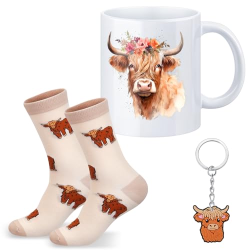 Hestya 3 Pieces Highland Cow Gift Set for Women Include 1 Ceramic Mug, 1 Pair of 3-9 Socks, 1 Keyring and a Pink Present Box for Valentine Cow Birthday Animal Themed Party and Scottish Gifts