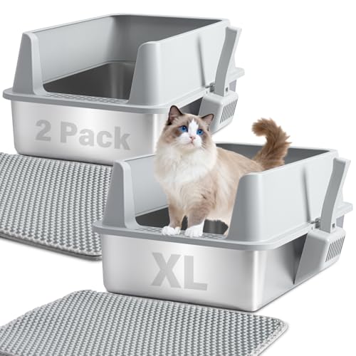 Holintan Stainless Steel Litter Box with Lid XL Metal Litter Box 2 Pack Extra Large Cat Litter Boxes for Big/Multiple Cats Anti-Urine Leakage No Smell Non-Stick Includes Scooper and Mat