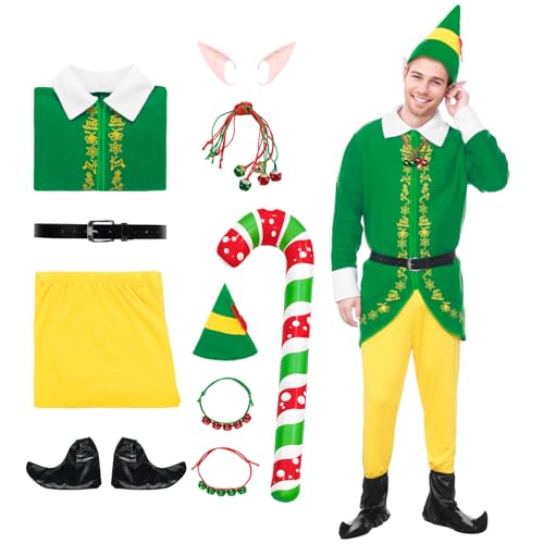 SERTAS Christmas Elf Costume Adult Unisex Adult Cosplay Costume Christmas Fancy Dress Outfits Adults Santas Helper Cosplay Sets Elf Christmas Costume for Mens Womens (Mens XXL)