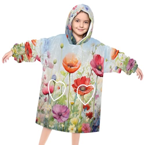 Wearable Blanket Hoodie for Kids, Modern Florals Fleece Sweatshirt Blanket Oversized Blanket Sweatshirt with Pocket Flannel Warm Hooded Blanket 6-10 Year Old Girl Boy Gift, One Size