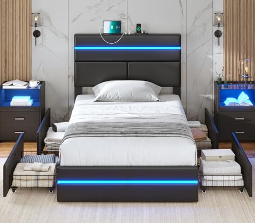 Image of AOGLLATI Twin Bed Frames with 4 Storage Drawers & Headboard, Led Bed Frame Twin with Charging Station, Upholstered Twin Bed with Storage, No Box Spring Needed, Black