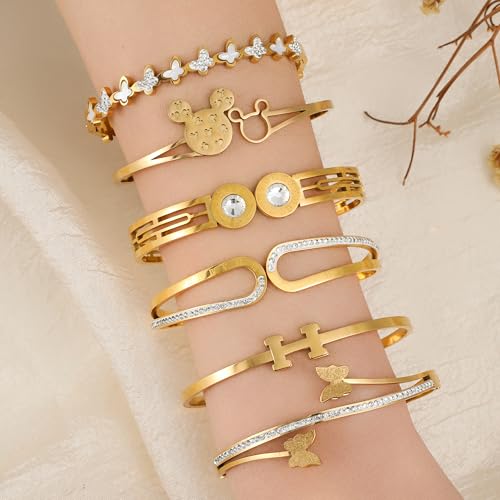 Gold Bracelet for Women, 18K Gold Titanium Steel Butterfly Cross Clover Heart Snake Bracelets Gifts for Women Teen 5