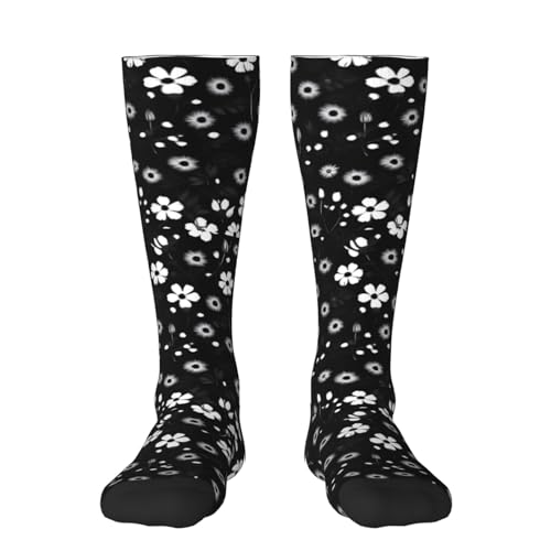 Melbrakin Meias compridas com estampado xadrez preto e branco para homem e mulher, 1 par, para desportos, corrida e viagem, Print floral preto e branco
