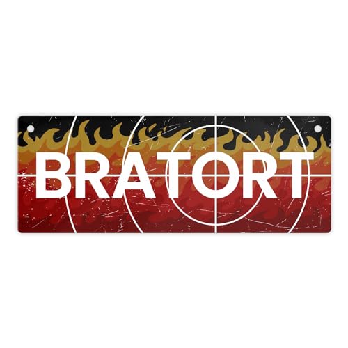 Bratort Metallschild für den Grill Blechschild als lustige Dekoration für den Grill Anspielung auf Kult-Krimireihe um die Liebe zu beidem zu zeigen