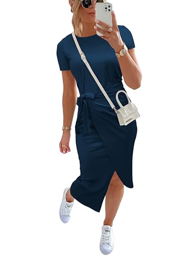 Image of NOLLSOM Women Casual Sleeveless Striped Tank Midi Dresses Halter Neck Ruched Bodycon Dresses Tie Waist T Shirt Summer Dress