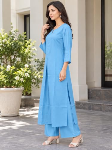 Image of idaLia Rayon Solid Straight Brown Kurta Set for Women with Palazzo 3 /4 Sleeve, Round V Neck Designer Kurta with Palazzo Pant Set