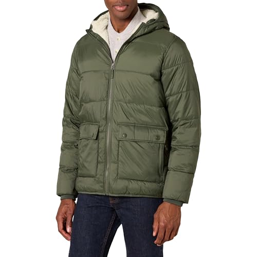 Amazon Essentials Men's Long-Sleeve Water-Resistant Sherpa-Lined Puffer Jacket, Dark Olive, Large