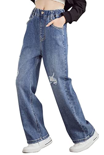 Sangtree Girls Ripped Jeans Kids Elastic Waist Wide Leg Jeans Distressed Denim Pants Baggy Ripped Jeans For Girls Blue, 11-12 Years= Tag 160 #TOP3