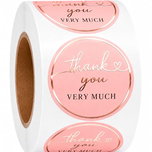 Naklejki z podziękowaniami – rolka naklejek z podziękowaniami 3 cm – 500 szt. etykiet z podziękowaniami – naklejki na kartki z życzeniami, baby shower, urodziny (różowe)