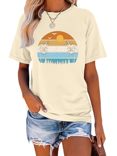 TAKEYAL Women Graphic Tees Short Sleeve T Shirts C Apricot