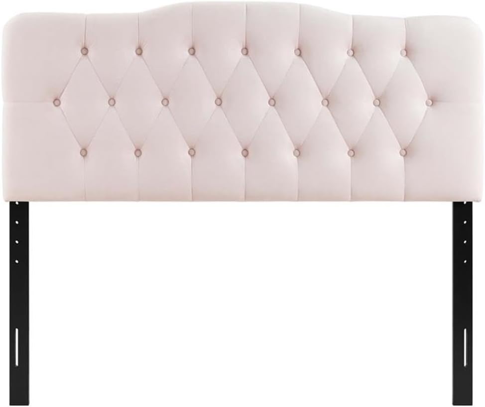 Pemberly Row Full Diamond Tufted Velvet Headboard, Pink Finish, Stain-Resistant Polyester Fabric, Adjustable Height 45-52.5 in, Foam Padding, Vintage Glam Style for Teen's Bedroom, Guest Room, Dorm