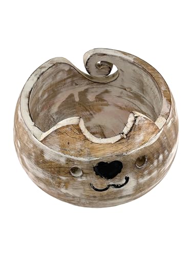Image of Wooden Yarn Bowl for Crocheting Handmade Wool Storage Yarn Bowl with Holes Knitting Gifts for Women Crochet Accessories (5 inch x 3 inch - White)