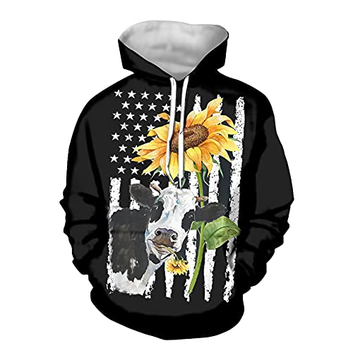 Coloranimal Women's Hoodies Tops American Flag Cow Sunflower Printed Long Sleeve Hoody Drawstring Pullover Sweatshirts with Kangaroo Pocket for Ladies Teens L