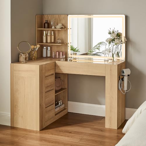 OKD 48" Makeup Vanity Desk with Mirror and Lights, Glass Top, Natural Oak