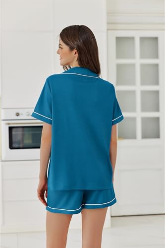 Image of Ekouaer Womens Waffle Knit Pajama Sets Soft Short Sleeve Button Down Sleepwear Cozy 2 Piece Pjs Shorts Set