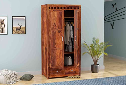 Image of WOODLAB Furniture Sheesham Wood Two Door and Drawer Storage Wardrobe for Home Wooden Almirah for Bedroom (Honey Finish)