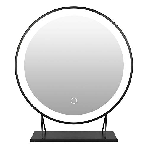 XUANYU Espejo de maquillaje redondo grande con iluminación con marco de metal, espejo de mesa móvil, una variedad de especificaciones (negro, luz blanca fría, 40 cm)