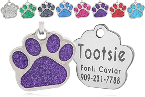 io tags Pet ID Tags, Personalized Dog Tags and Cat Tags, Custom Engraved, Easy to Read, Cute Glitter Paw Pet Tag (Purple)