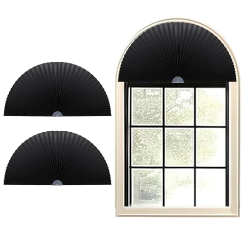 Gyrategirl Arch Window Shades Half Circle, 2PCS Pleated Semi Circle Half Moon Arched Window Shade Light Filtering Easy to Cut Self Adhesive Window Blinds Half Circle Window Covering for Living Room