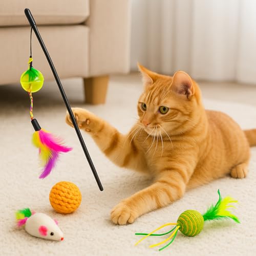 Kit Brinquedos Interativos para Gatos Filhotes e Adultos – 7 Itens com Varinha, Ratinho, Bolas com G